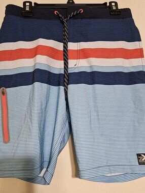ZeroXposur Men’s Blue Navy Striped Swim Trunks with Orange Accent